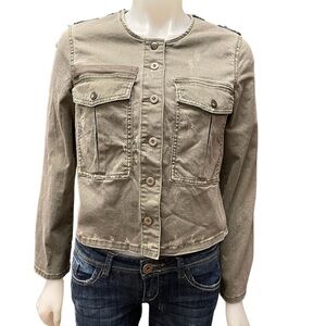 Free People Olive-Taupe Military-Inspired Cropped Jean Jacket